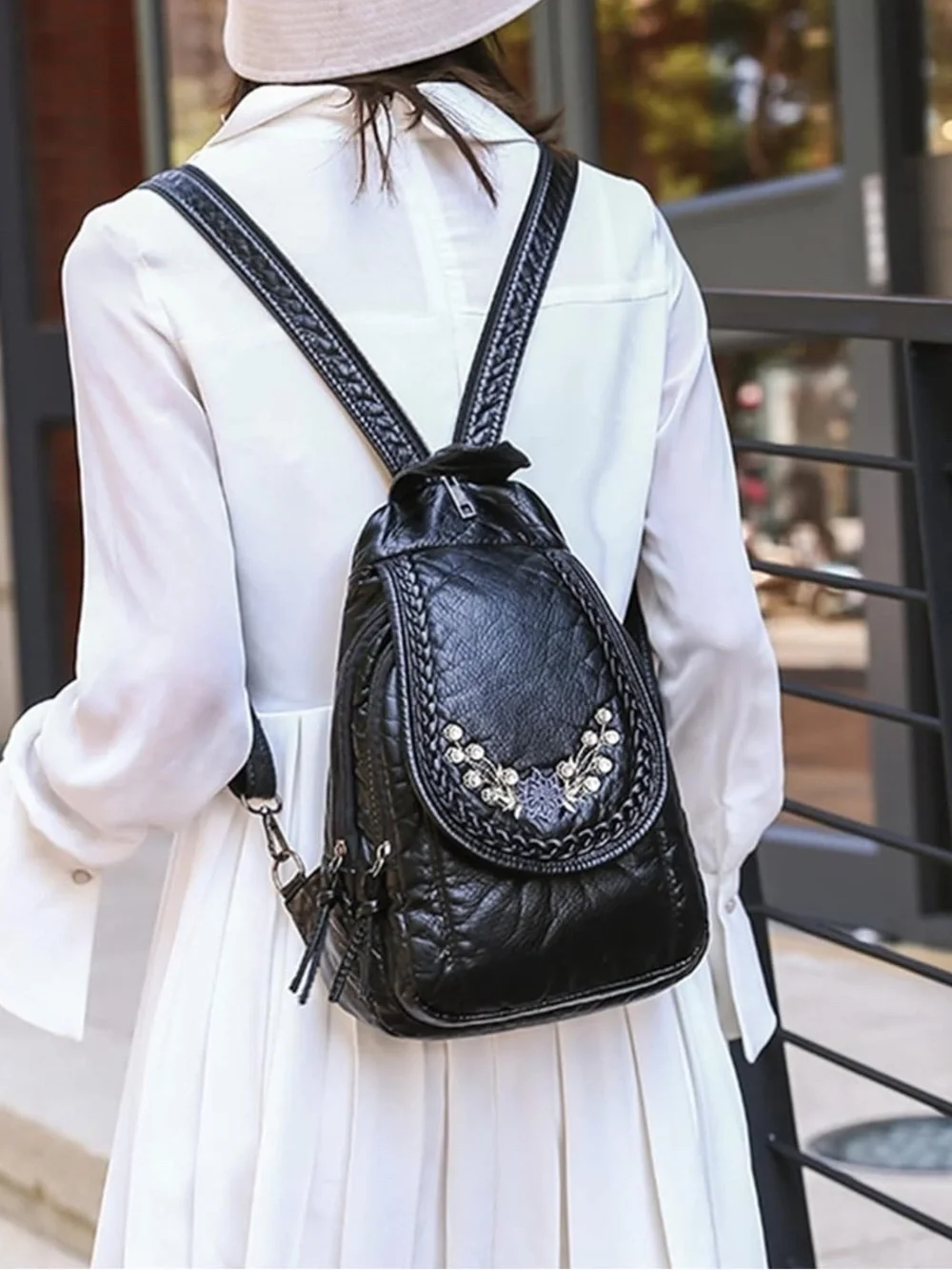 Black Embroidered Leather Backpack Purse - Women